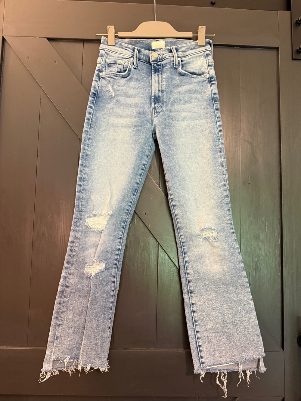 MOTHER Light Blue Distressed Flare Jeans